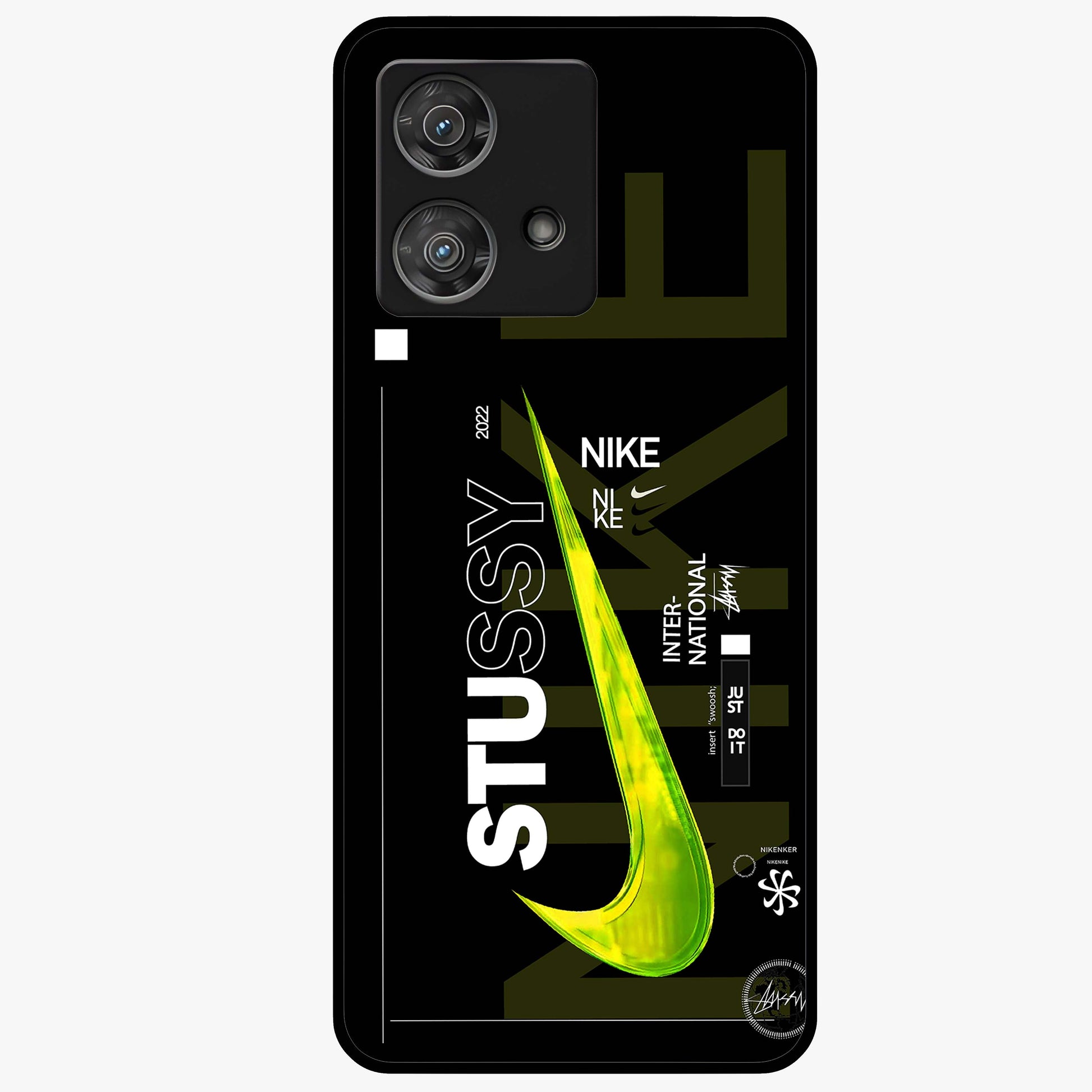 Neon Street Edition Glass Case showing flat back view with neon street style artwork and glossy glass finish.
