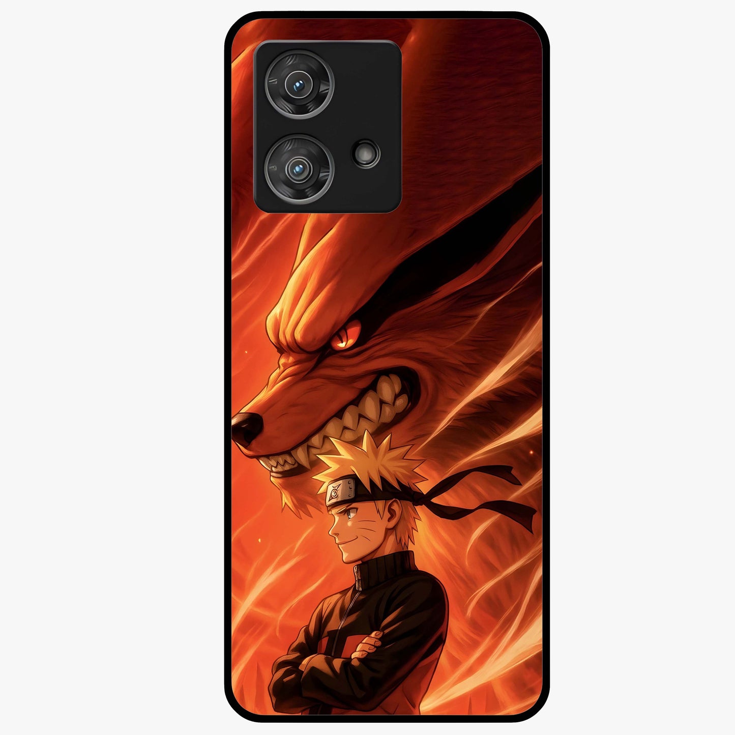 Nine Tails Legacy Glass Case showing flat back view with powerful nine-tailed fox inspired artwork and glossy glass finish.