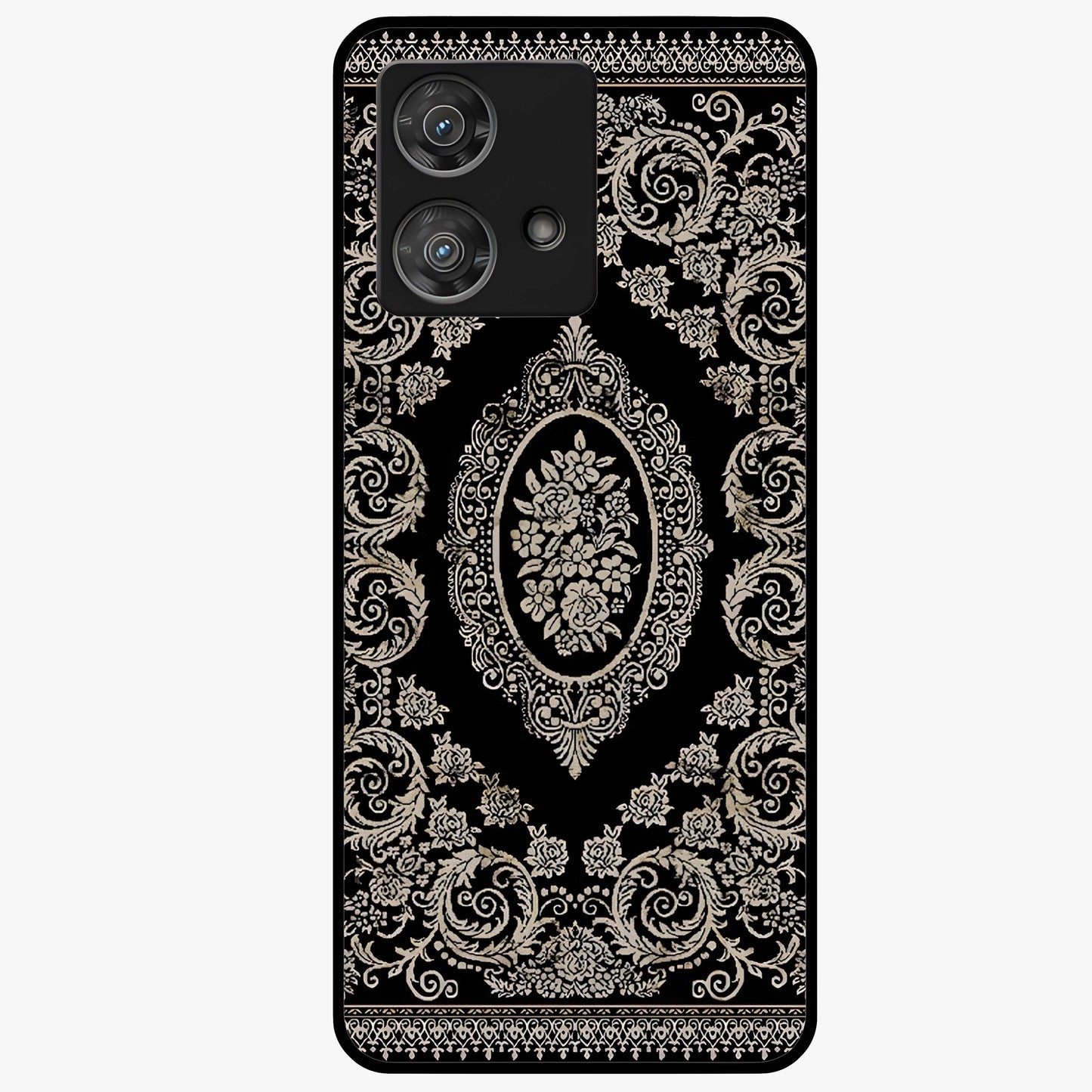 Noir Bloom Elegance Glass Case showing flat back view with elegant dark floral artwork and glossy glass finish.