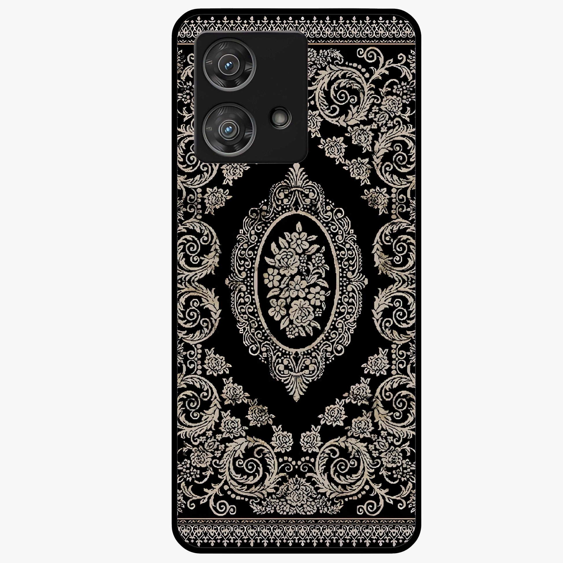 Noir Bloom Elegance Glass Case showing flat back view with elegant dark floral artwork and glossy glass finish.