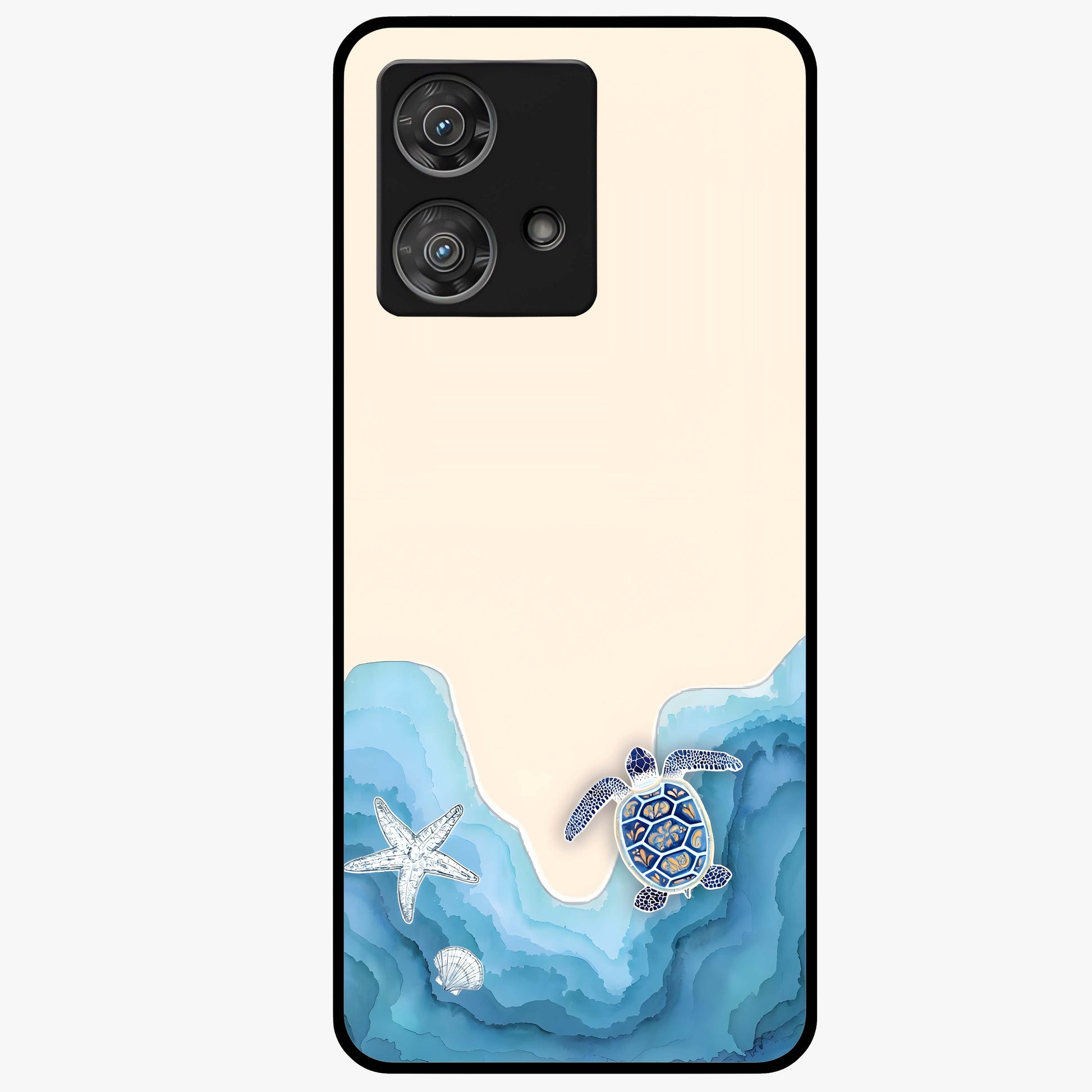 Ocean Drift Turtle Glass Case showing flat back view with sea turtle artwork and glossy glass finish.