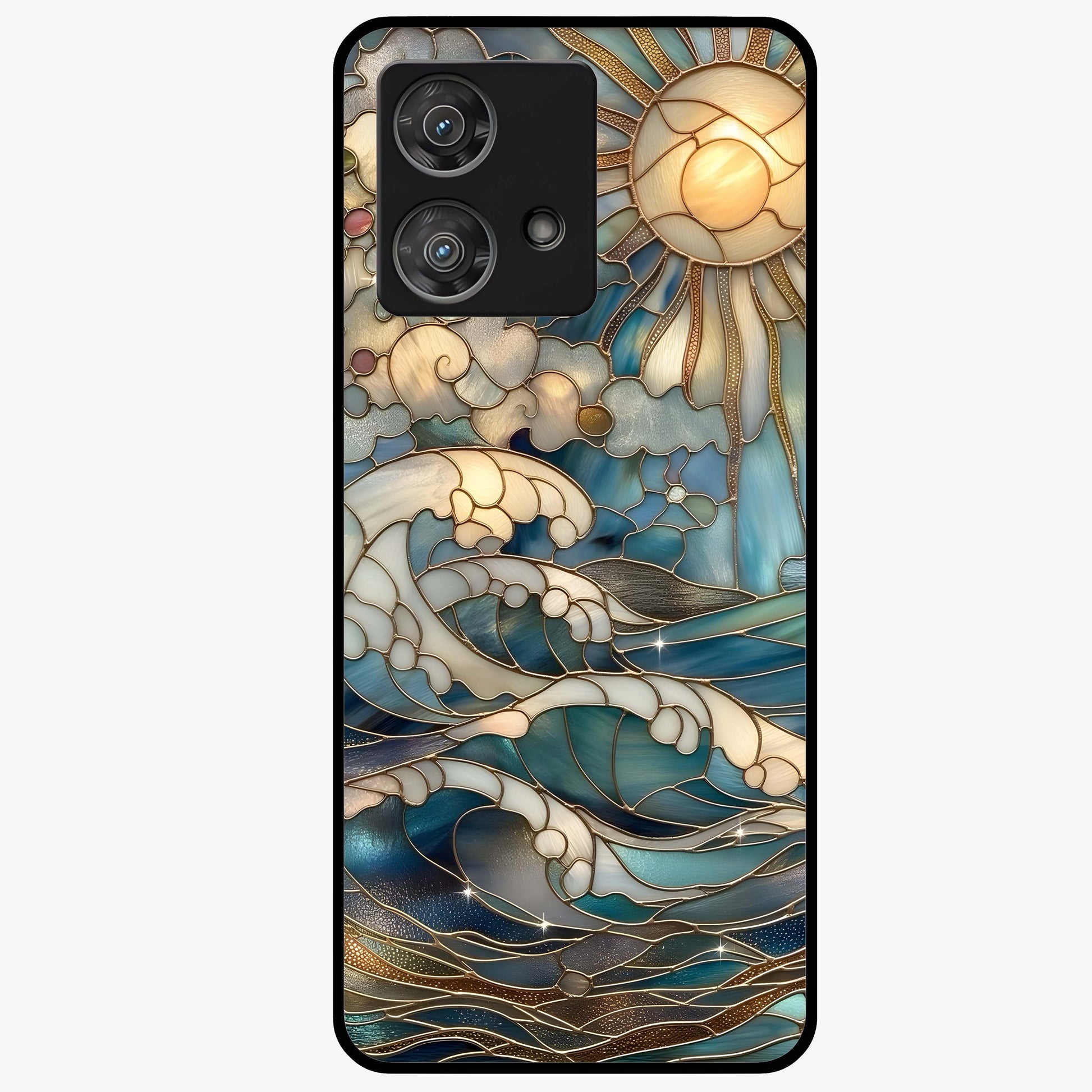 Oceanic Stained Printed Glass Case showing flat back view with ocean inspired stained pattern artwork and glossy glass finish.