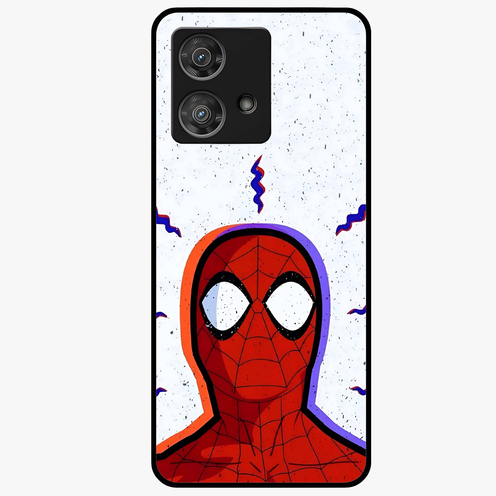 Omg Spiderman Glass Case showing flat back view with bold superhero inspired artwork and glossy glass finish.