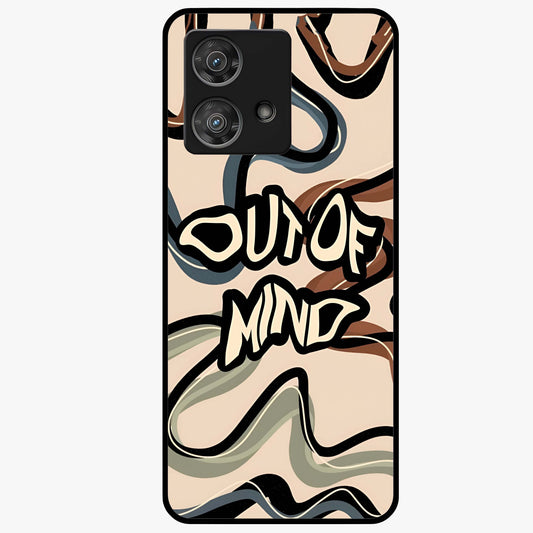 Out Of Mind Glass Case showing flat back view with expressive typography artwork and glossy glass finish.