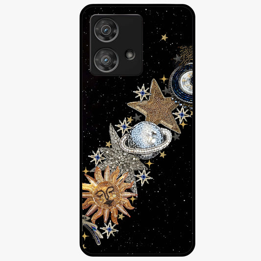Pearls Universe Object Glass Case showing flat back view with pearl inspired cosmic artwork and glossy glass finish.