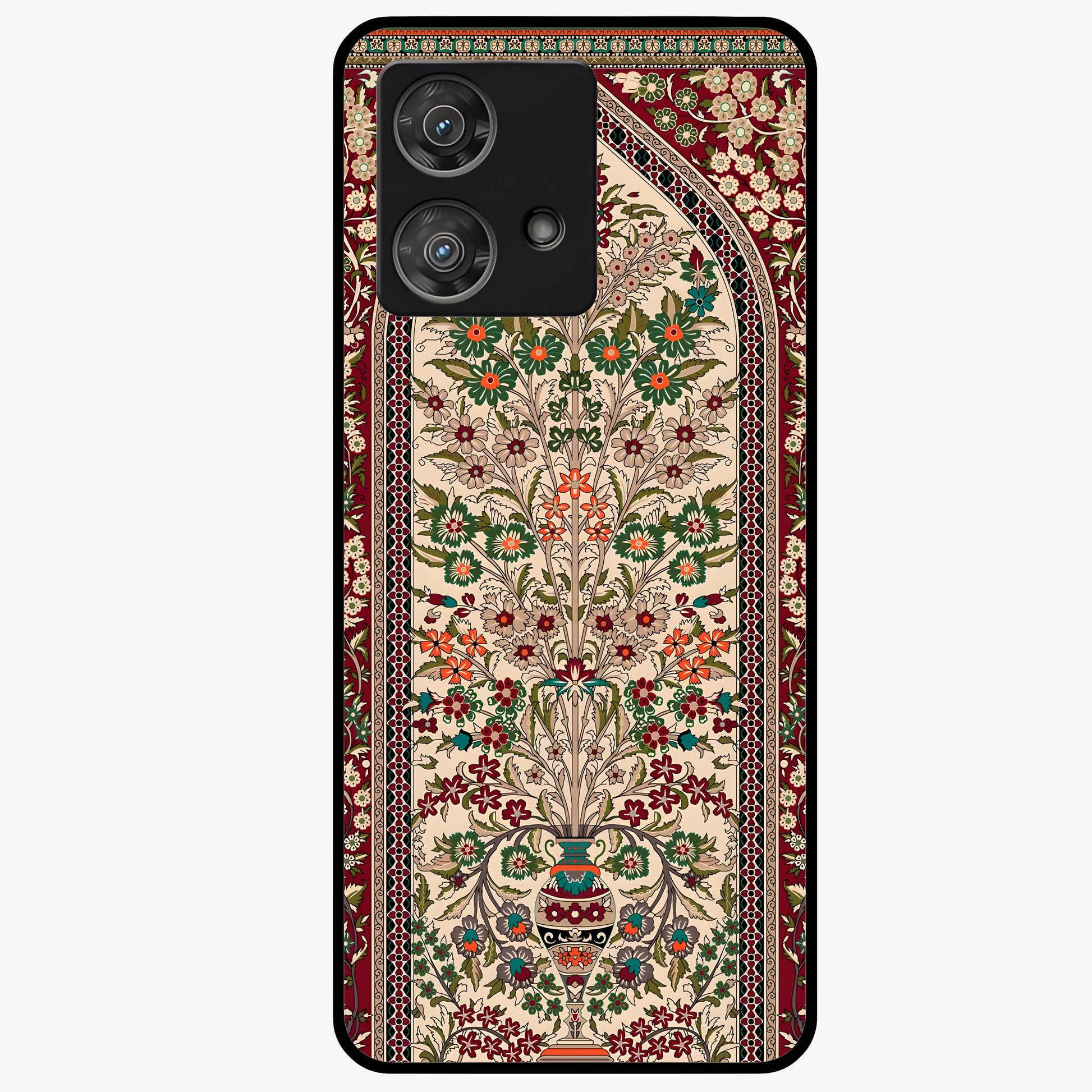 Persian Inspired Glass Case showing flat back view with ornate Persian style pattern artwork and glossy glass finish.