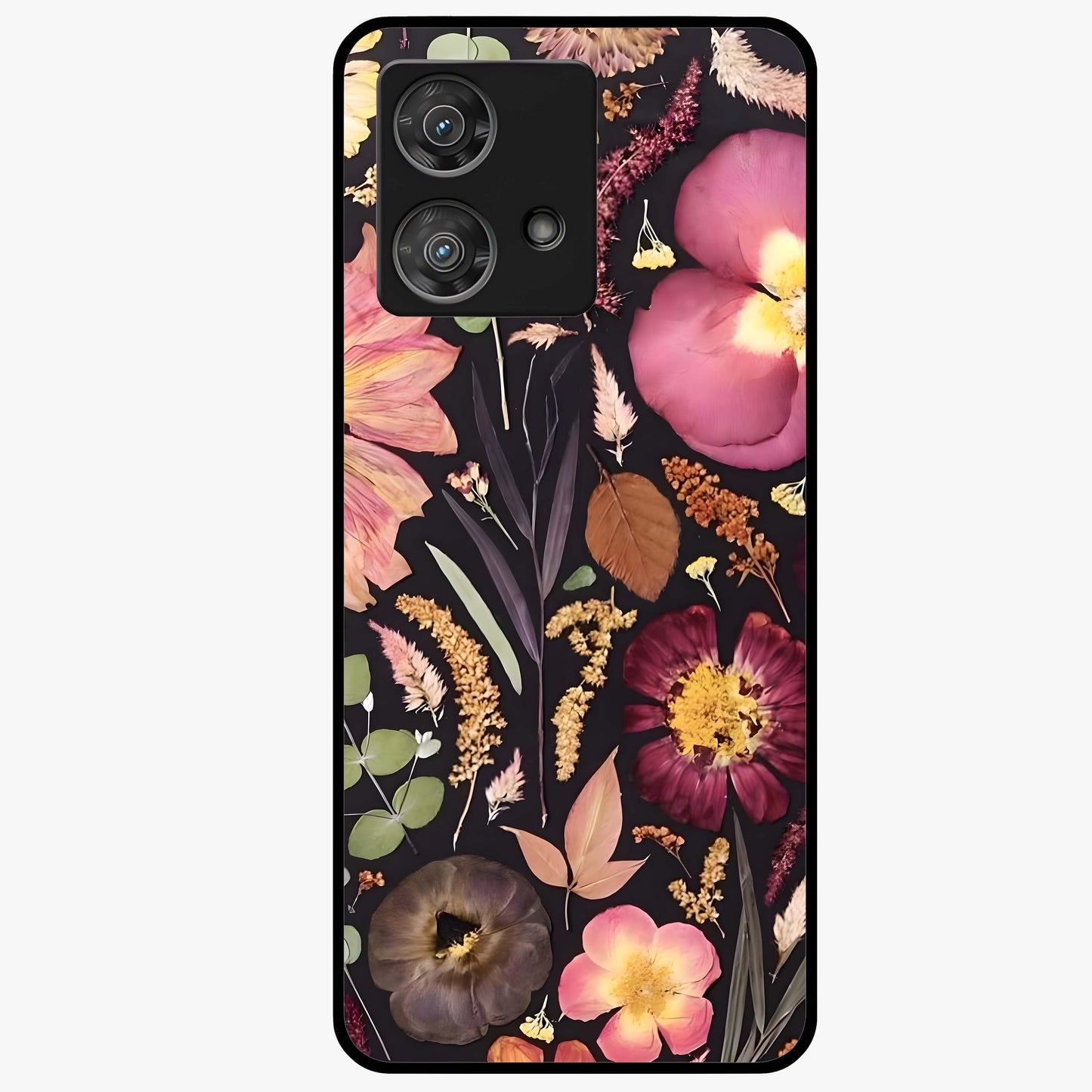 Petal Dream Tapestry Glass Case showing flat back view with intricate floral tapestry artwork and glossy glass finish.