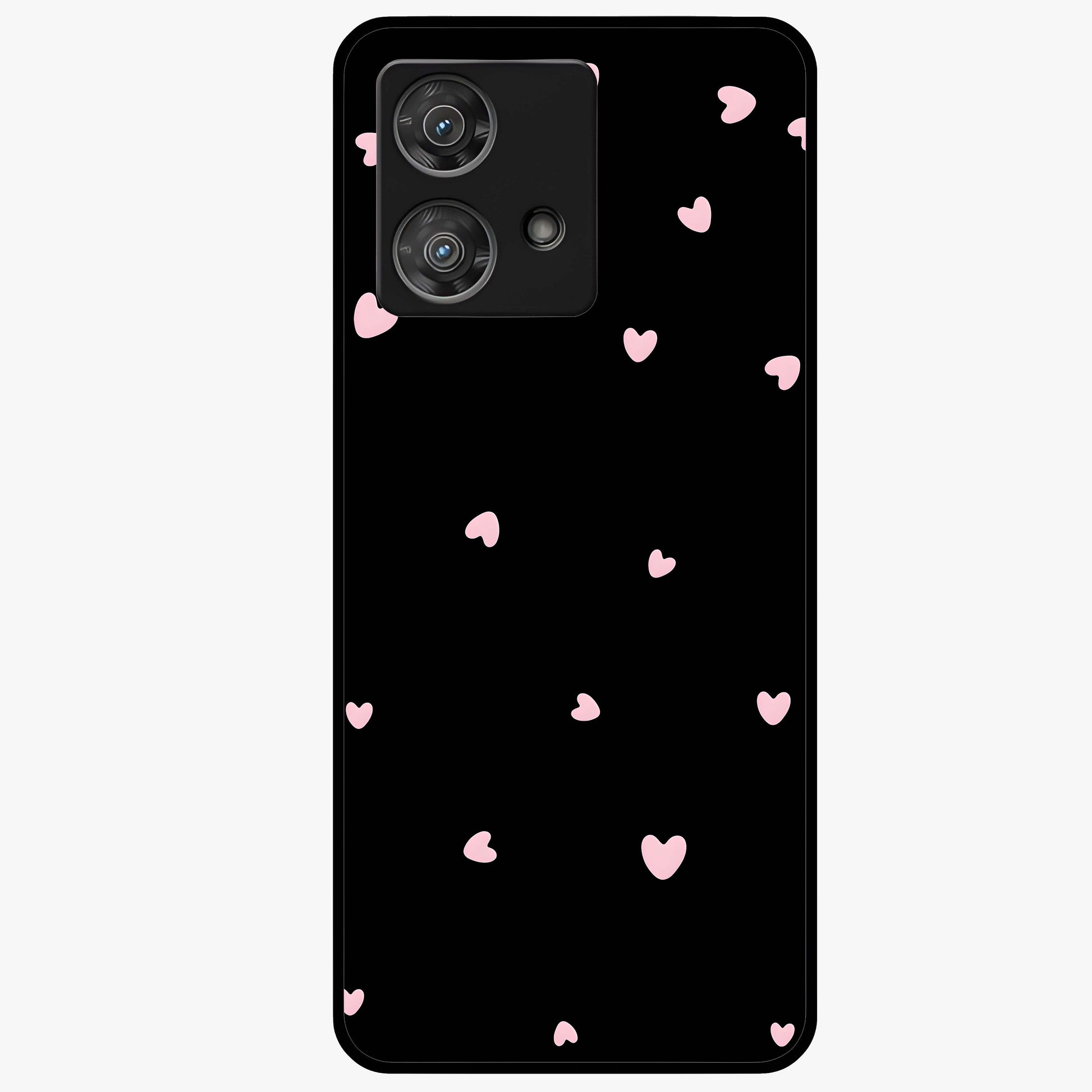 Pink Love Drops Glass Case showing flat back view with playful pink heart drops artwork and glossy glass finish.