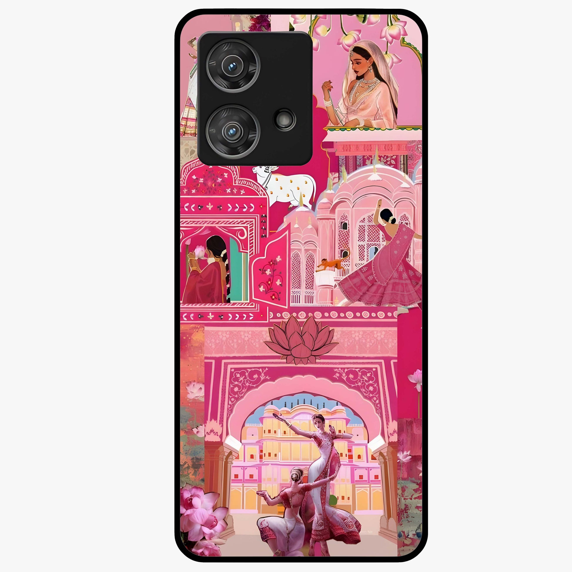 Pink Palace Muse Glass Case showing flat back view with elegant palace inspired artwork and glossy glass finish.
