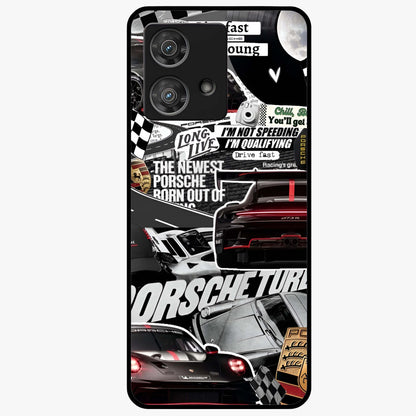 Porsche Racing Collage Glass Case showing flat back view with sports car racing collage artwork and glossy glass finish.