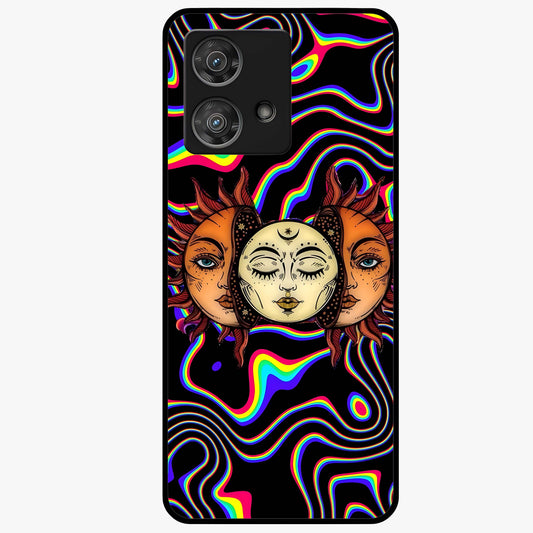 Psychedelic Sun Glass Case showing flat back view with colorful psychedelic sun artwork and glossy glass finish.