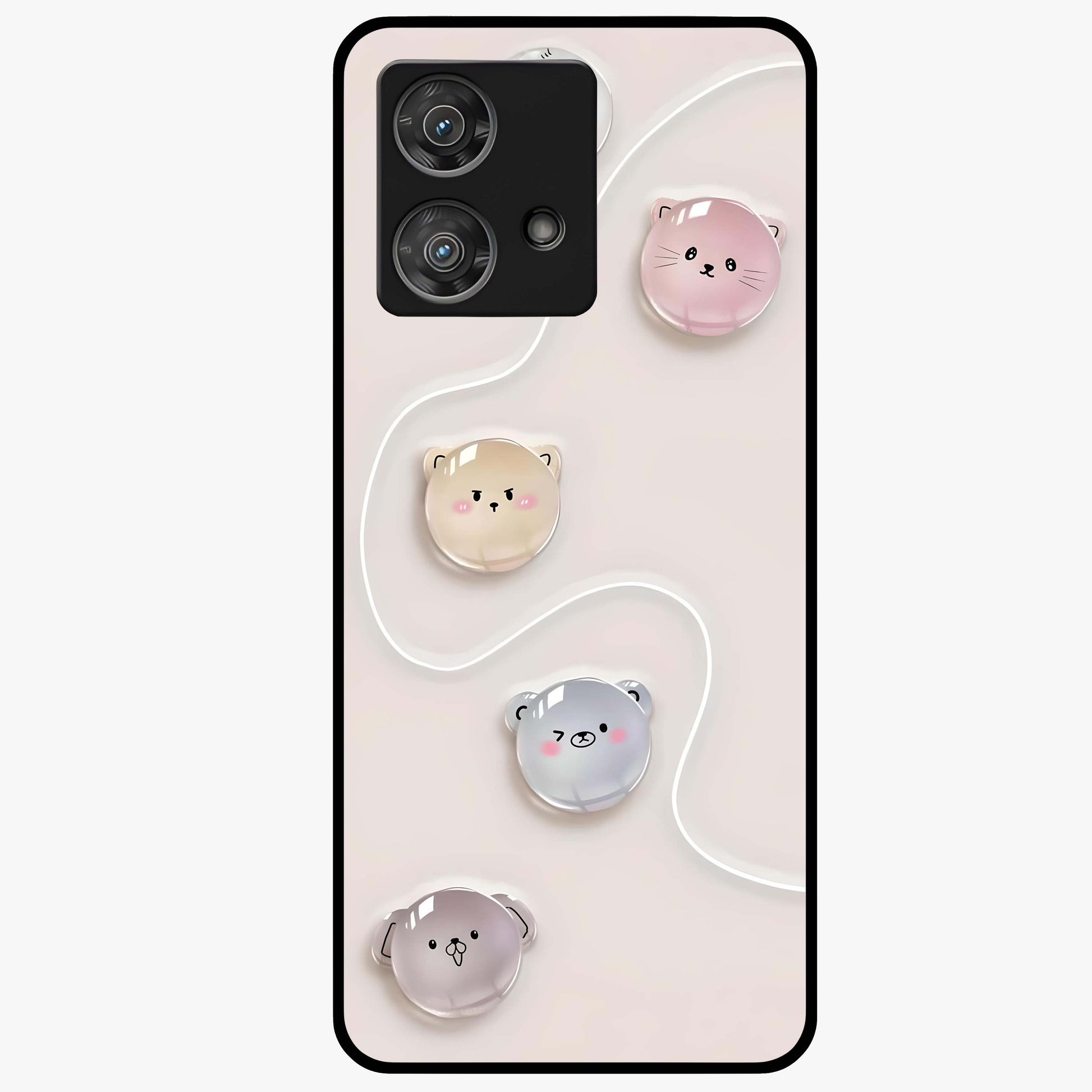Puffy Face Parade Glass Case showing flat back view with cute puffy character faces artwork and glossy glass finish.