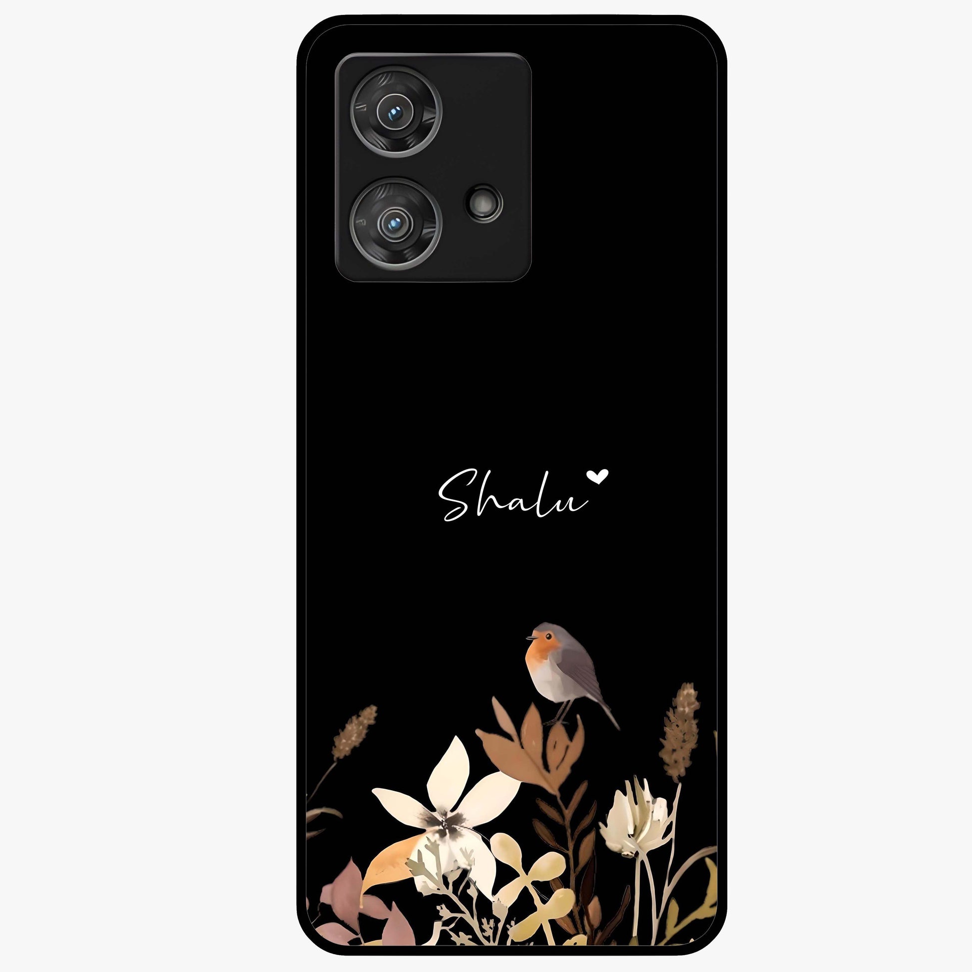Quiet Garden Tune Custom Name Glass Case showing flat back view with peaceful garden artwork and personalized name design.