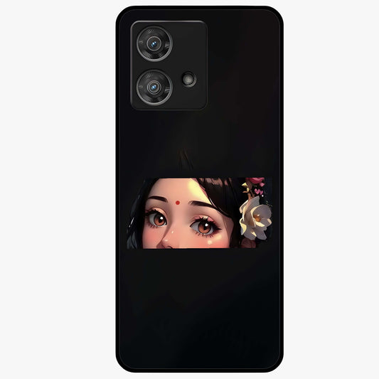 Radha Divine Embrace Glass Case showing flat back view with devotional Radha artwork and glossy glass finish.