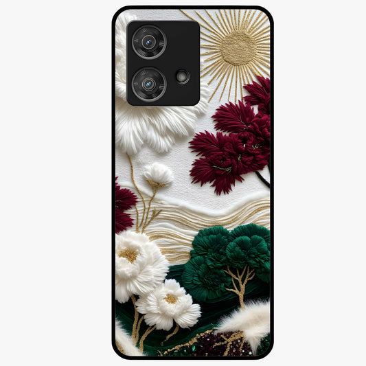 Radiant Bloom Elegance Glass Case showing flat back view with elegant blooming flower artwork and glossy glass finish.