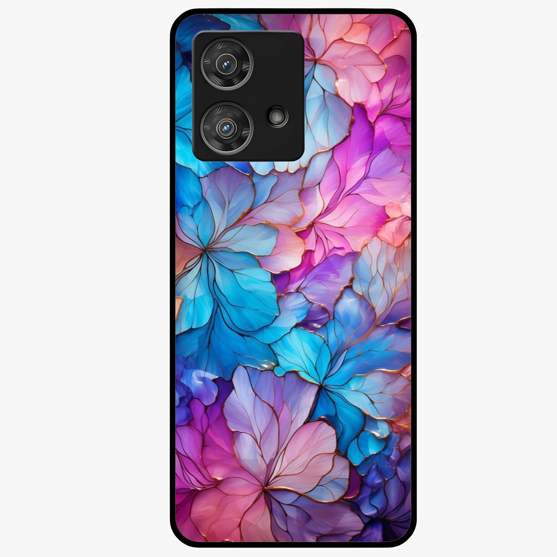 Radiant Floral Whirl Glass Case showing flat back view with swirling floral artwork and glossy glass finish.