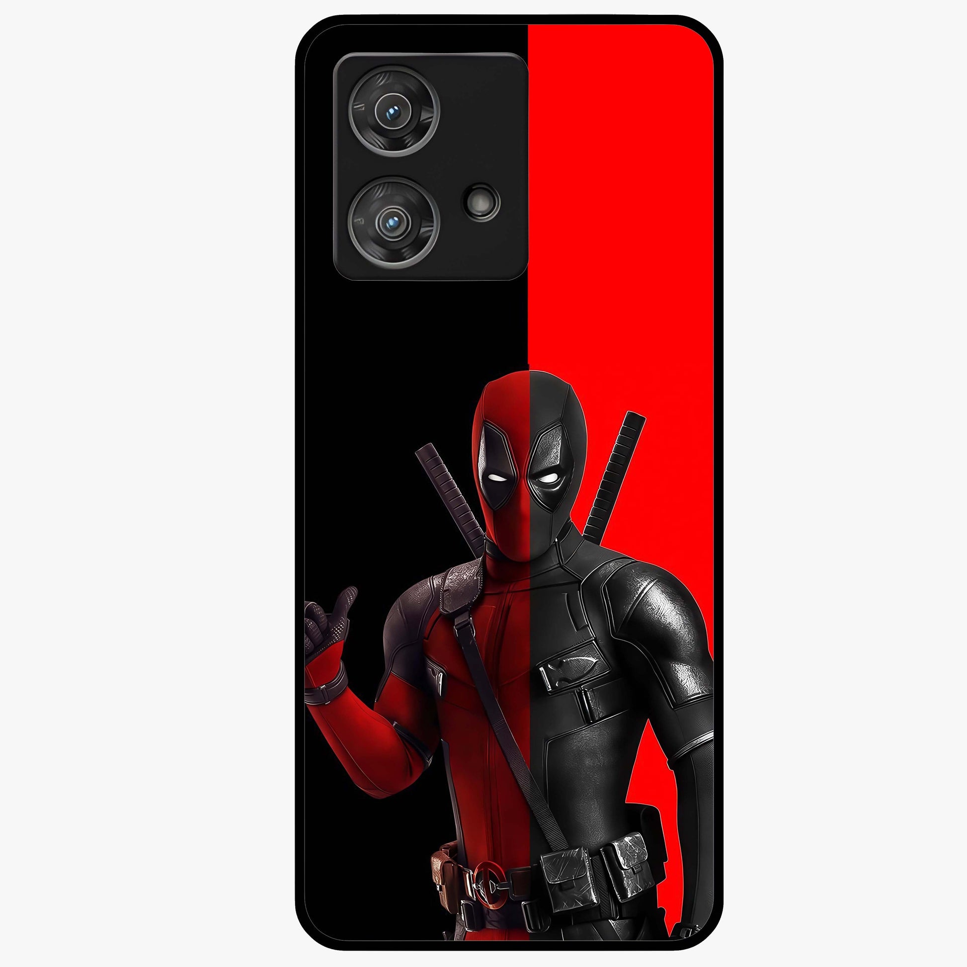 Red & Black Deadpool Theme Glass Case showing flat back view with bold comic inspired artwork and glossy glass finish.