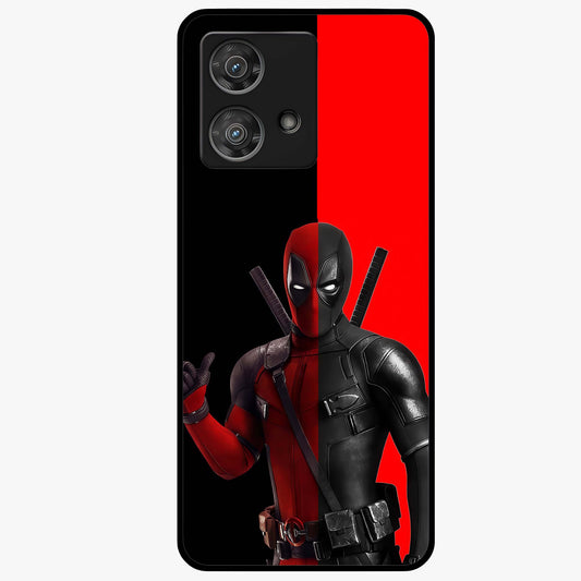 Red & Black Deadpool Theme Glass Case showing flat back view with bold comic inspired artwork and glossy glass finish.