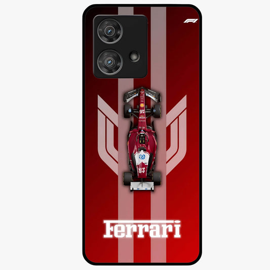 Red Ferrari F1 Vertical Glass Case showing flat back view with sleek Formula racing car artwork and glossy glass finish.