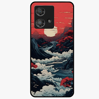Red Sunset Scenery Glass Case showing flat back view with vibrant sunset landscape artwork and glossy glass finish.