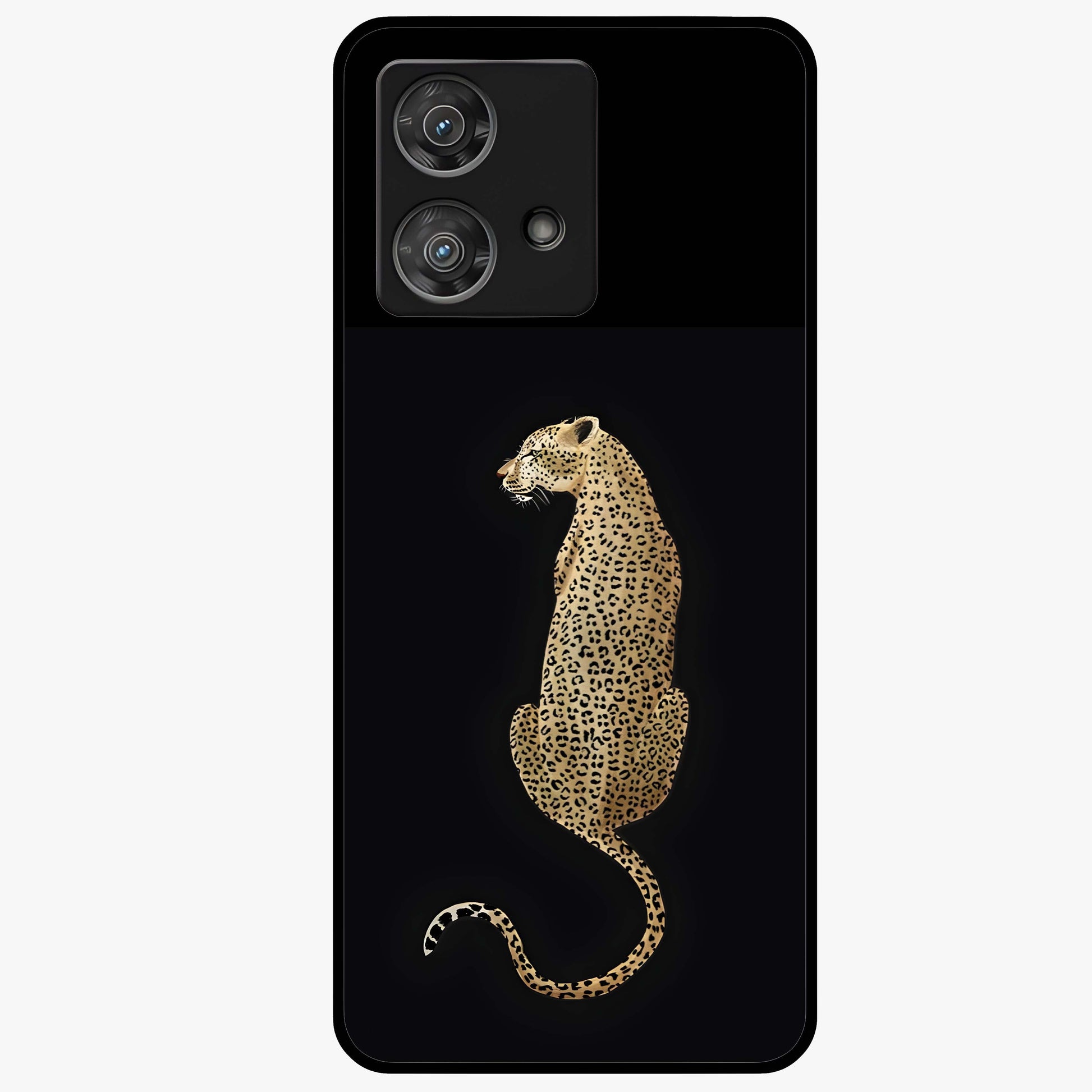 Regal Leopard Glass Case showing flat back view with bold leopard artwork and glossy glass finish.