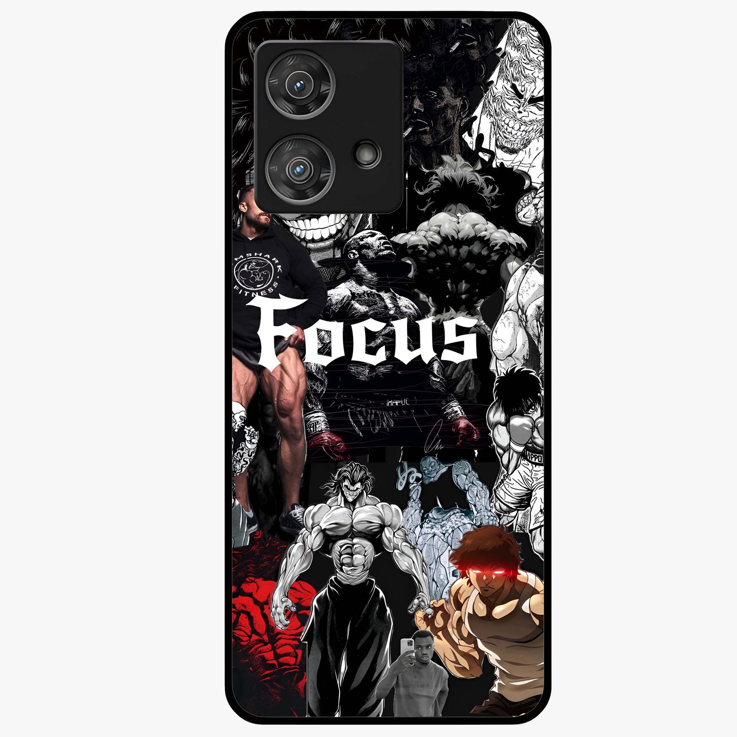 Relentless Power Focus Glass Case showing flat back view with motivational typography artwork and glossy glass finish.