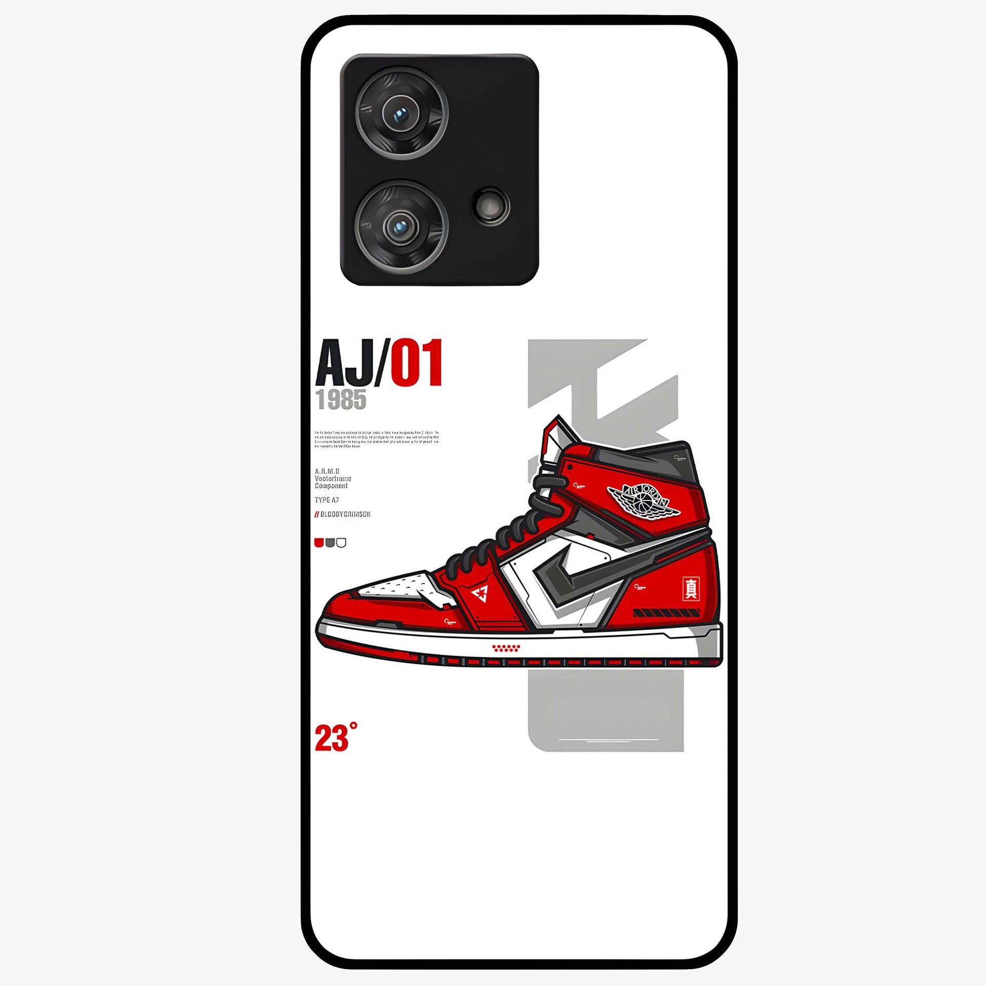 Retro Sneaker Blueprint Glass Case showing flat back view with sneaker blueprint style artwork and glossy glass finish.