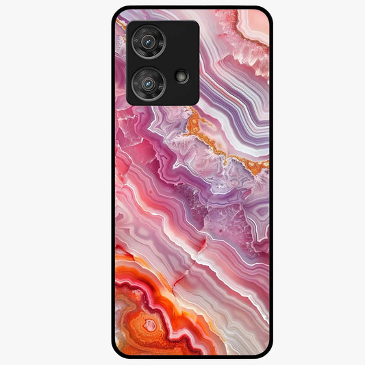Rose Quartz Marble Glass Case showing flat back view with pink marble quartz texture artwork and glossy glass finish.