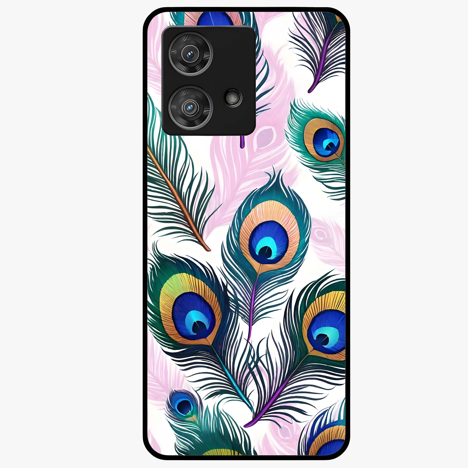 Royal Peacock Feathers Glass Case showing flat back view with colorful peacock feather artwork and glossy glass finish.
