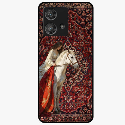 Royal Rider Tapestry Glass Case showing flat back view with majestic horse rider tapestry artwork and glossy glass finish.