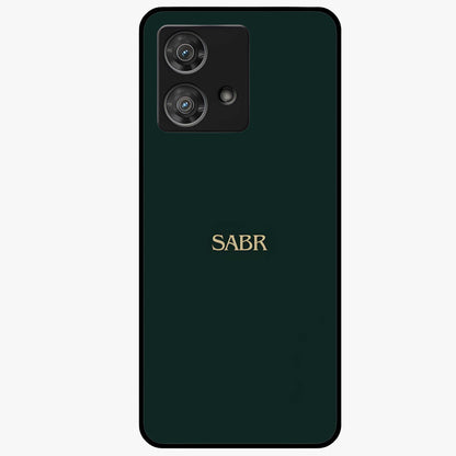 Sabr Minimal Patience Glass Case showing flat back view with minimalist typography artwork and glossy glass finish.