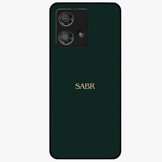 Sabr Minimal Patience Glass Case showing flat back view with minimalist typography artwork and glossy glass finish.