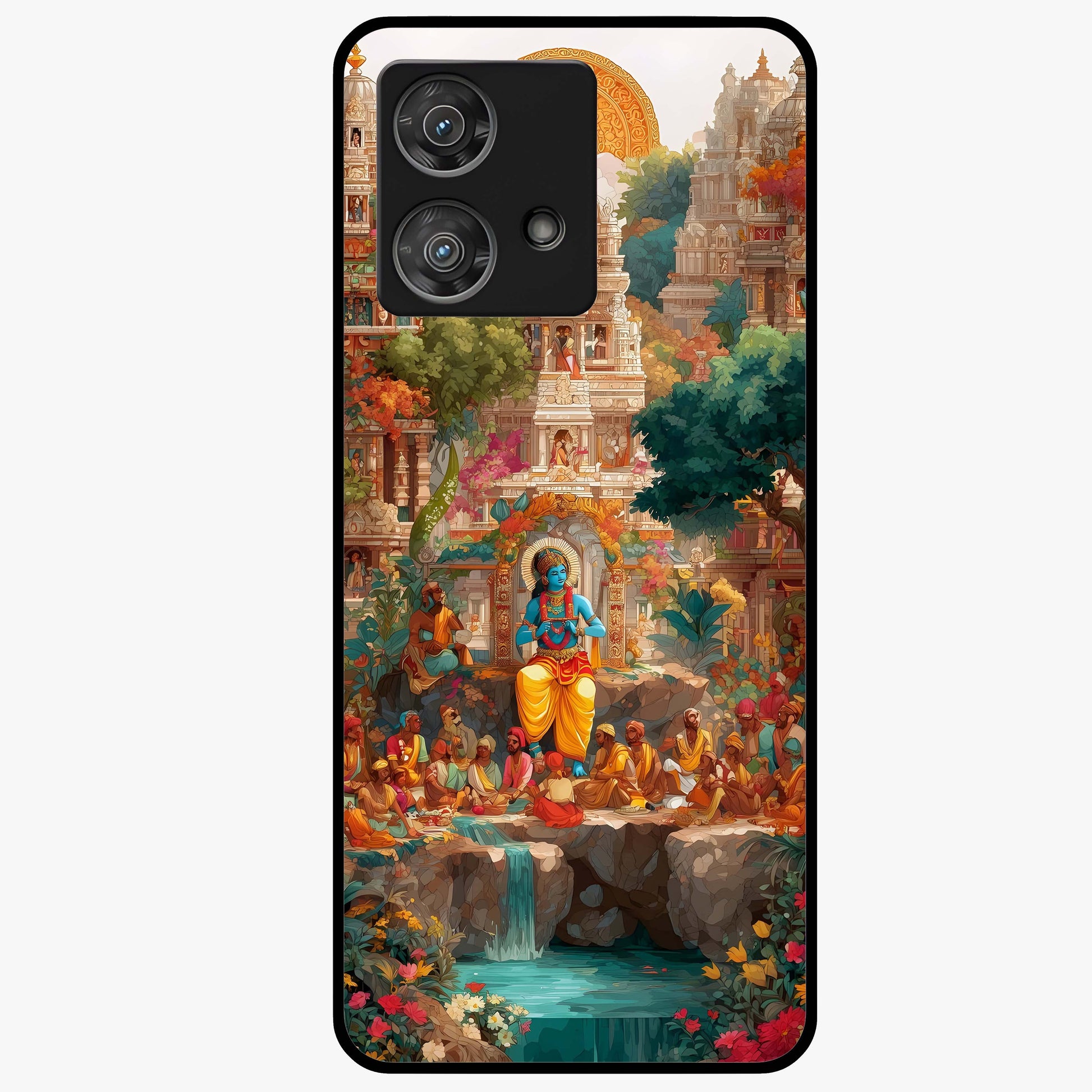 Sacred Sunlight Gods Glass Case showing flat back view with divine sunlight themed artwork and glossy glass finish.