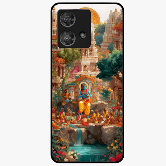 Sacred Sunlight Gods Glass Case showing flat back view with divine sunlight themed artwork and glossy glass finish.