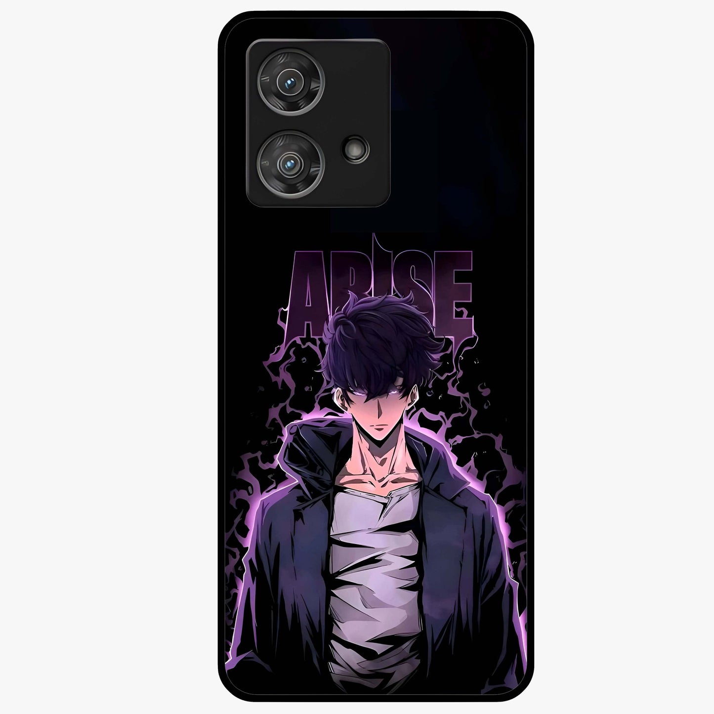 Shadow Monarch Awakening Glass Case showing flat back view with powerful dark monarch themed artwork and glossy glass finish.