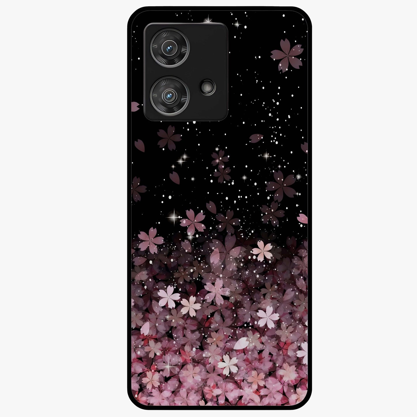 Small Starry Flowers Glass Case showing flat back view with delicate starry floral artwork and glossy glass finish.