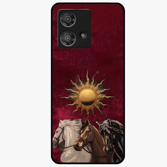 Solar Riders Glass Case showing flat back view with dynamic rider themed artwork and glossy glass finish.