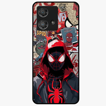 Spider Collage Street Glass Case showing flat back view with vibrant superhero collage artwork and glossy glass finish.