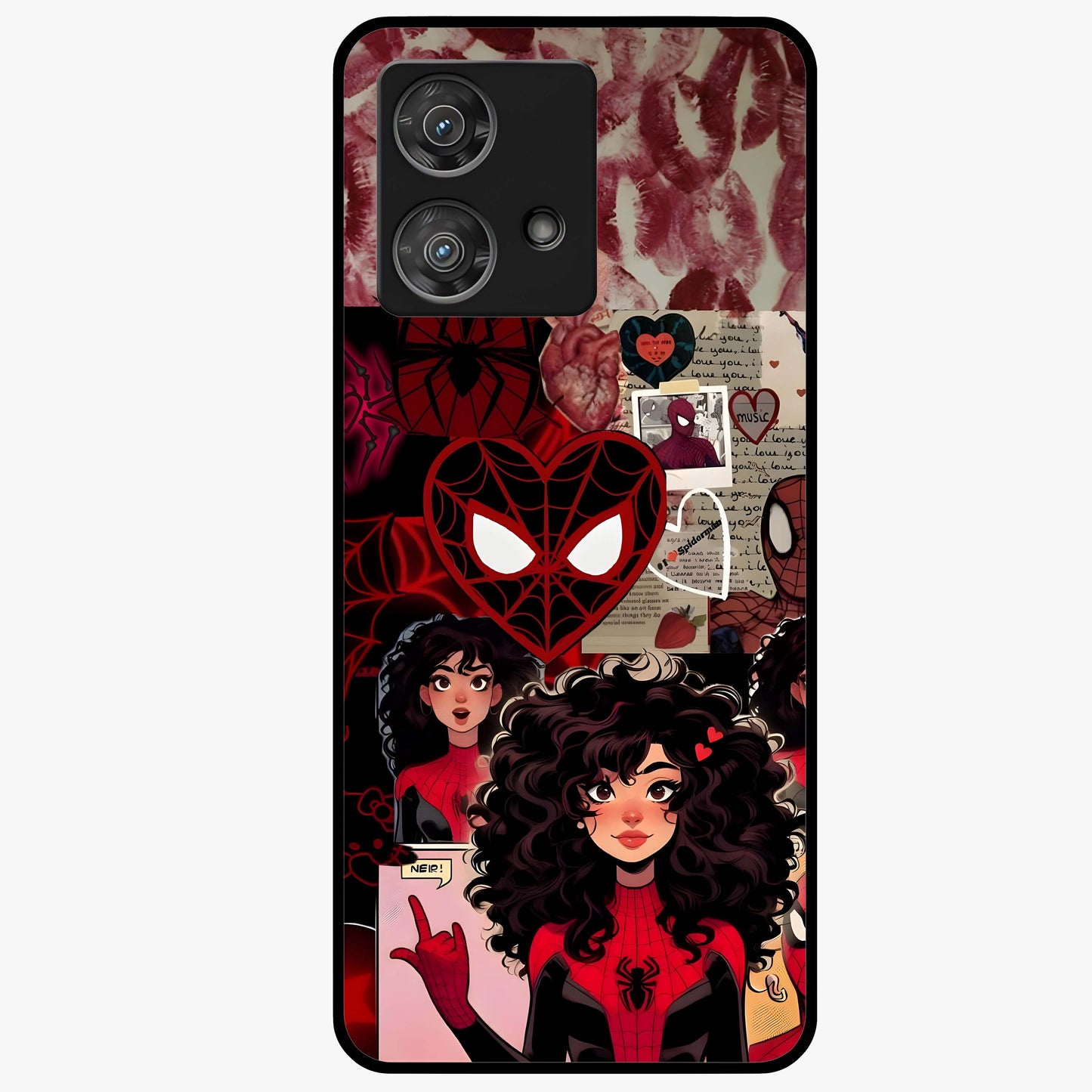 Spider Love Story Glass Case showing flat back view with romantic superhero themed artwork and glossy glass finish.