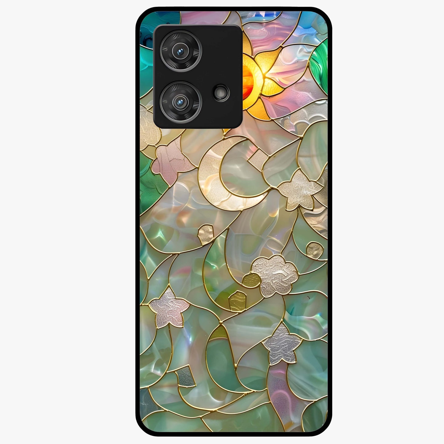 Stained Sunrise Glow Glass Case showing flat back view with glowing sunrise stained pattern artwork and glossy glass finish.