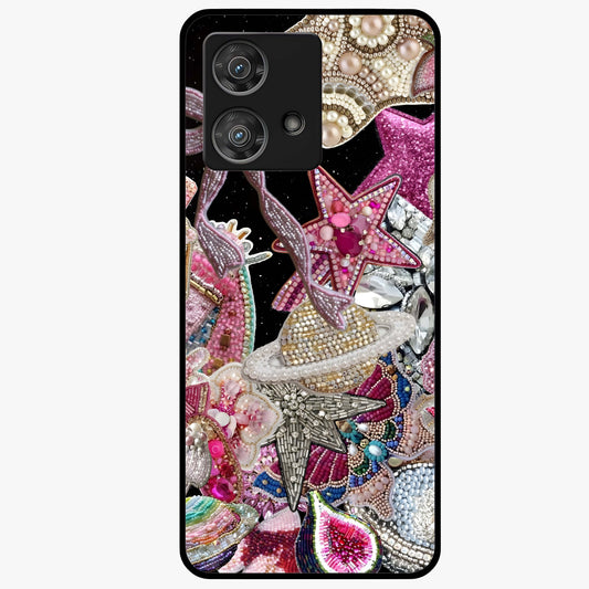 Starlit Jewel Dream Glass Case showing flat back view with sparkling jewel and star themed artwork and glossy glass finish.