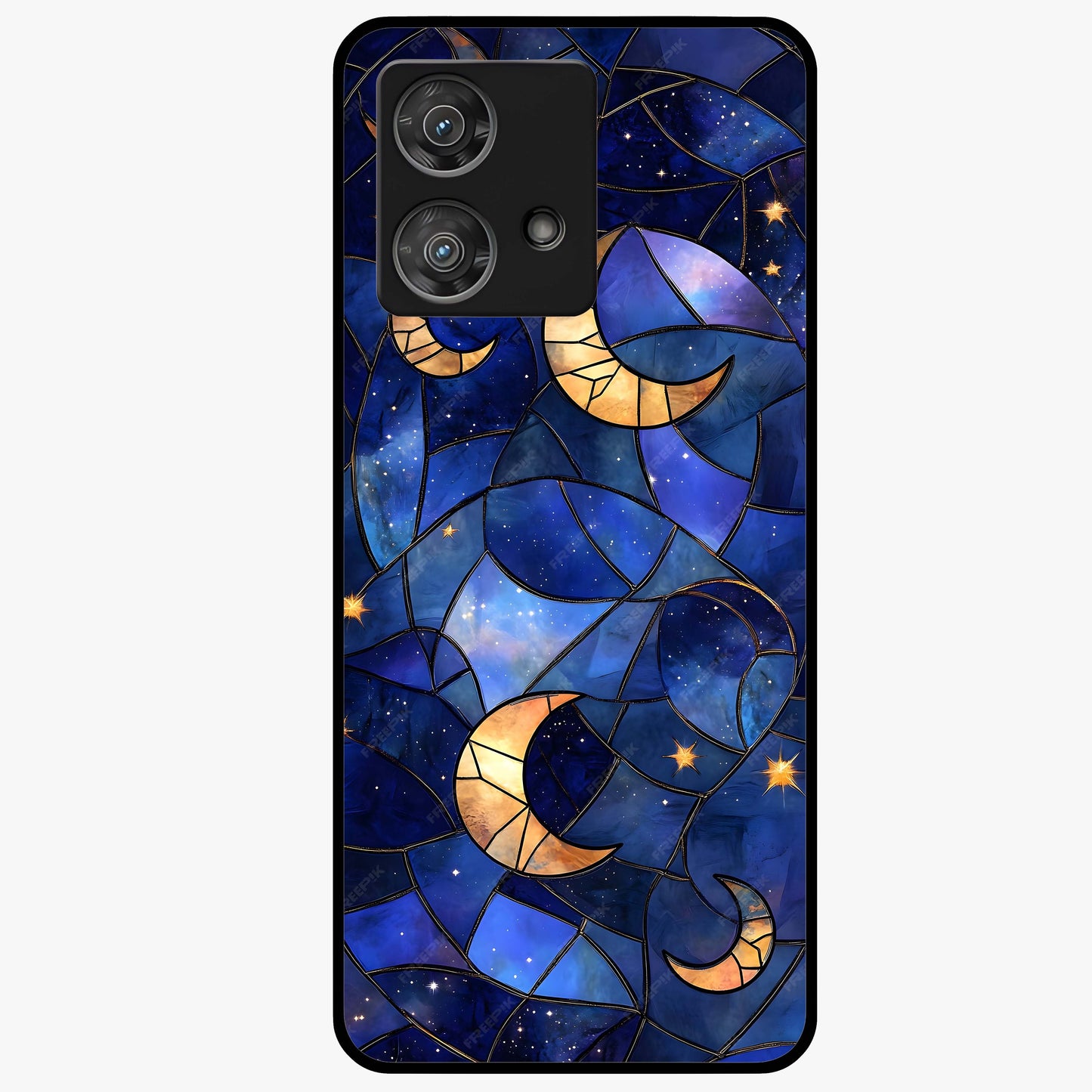 Starlit Sky Tapestry Glass Case showing flat back view with decorative starry sky tapestry artwork and glossy glass finish.