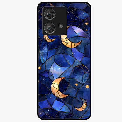 Starlit Sky Tapestry Glass Case showing flat back view with decorative starry sky tapestry artwork and glossy glass finish.