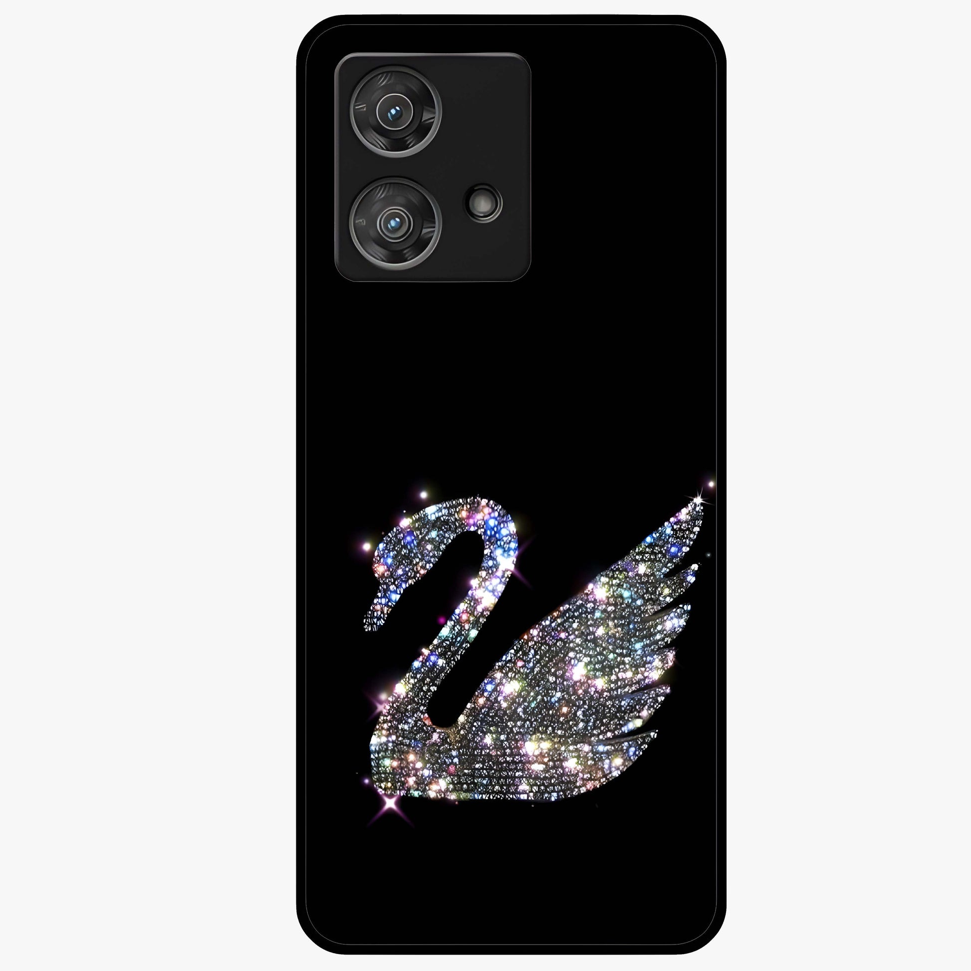 Starlit Swan Grace Glass Case showing flat back view with graceful swan artwork under starry sky and glossy glass finish.