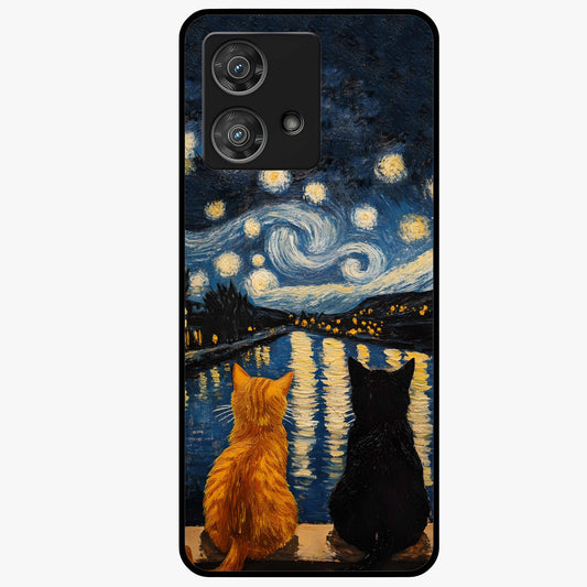 Starry River Cats Glass Case showing flat back view with cats by a starry river artwork and glossy glass finish.