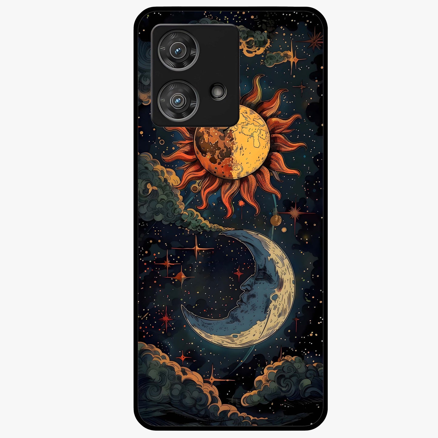 Sun And Moon Magic Design Glass Case showing flat back view with mystical sun and moon artwork and glossy glass finish.