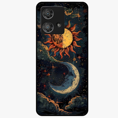 Sun And Moon Magic Design Glass Case showing flat back view with mystical sun and moon artwork and glossy glass finish.
