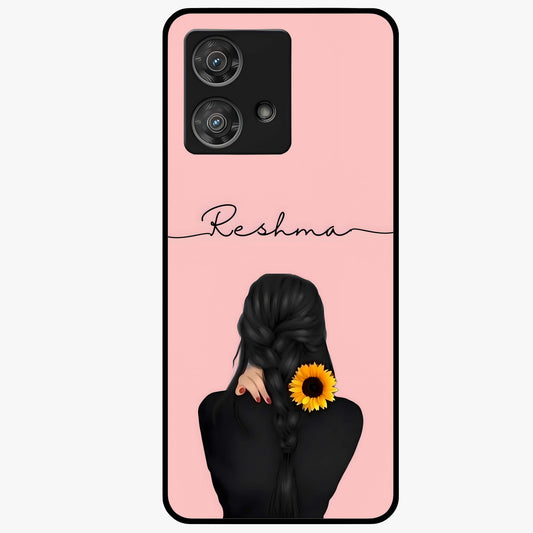 Sunflower Braid Beauty With Custom Name Glass Case showing flat back view with sunflower braid artwork and personalized name design.