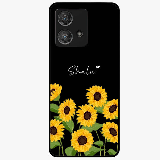 Sunflower Chic Mood Custom Name Glass Case showing flat back view with stylish sunflower artwork and personalized name design.