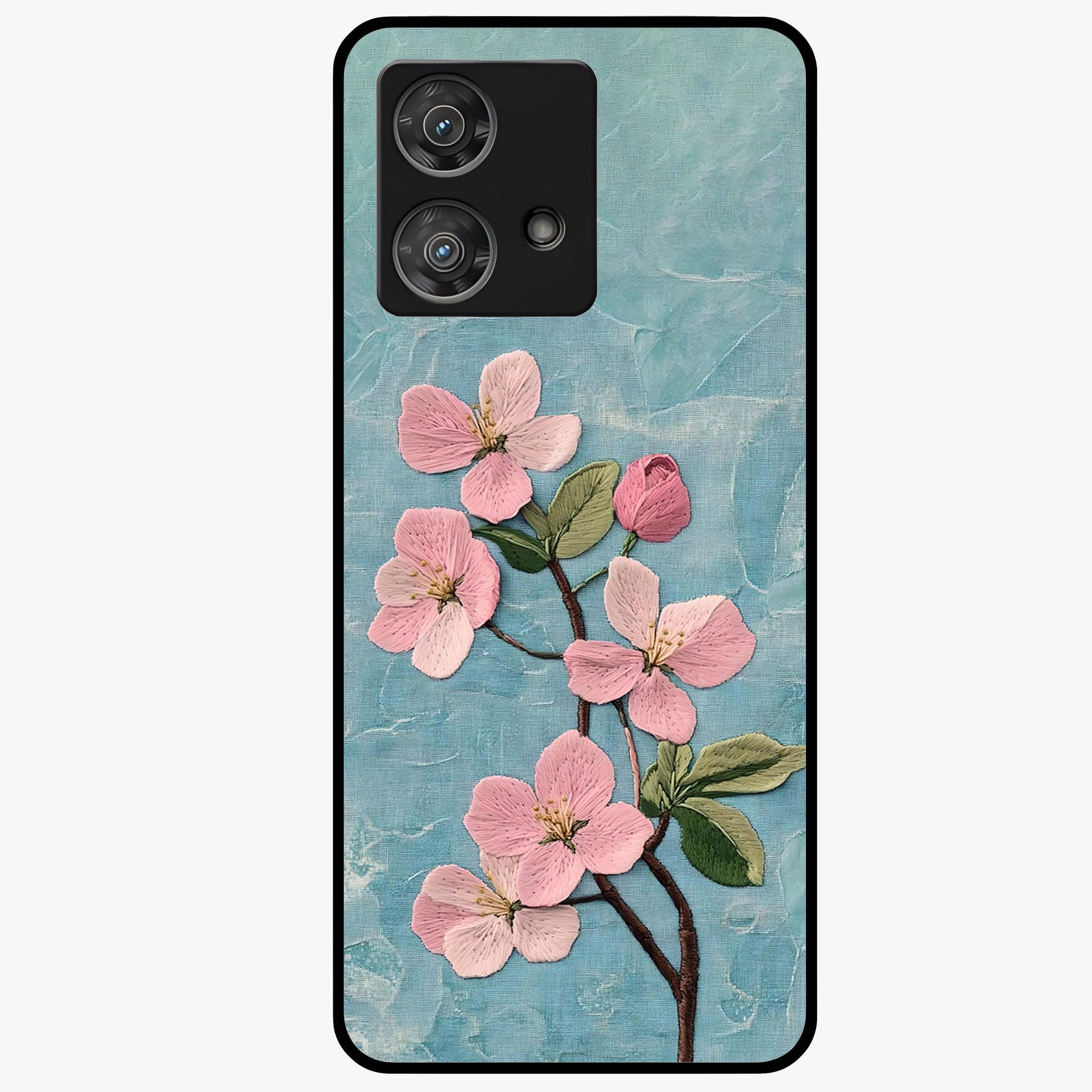 Threaded Blossom Breeze Glass Case showing flat back view with delicate blossom artwork and glossy glass finish.